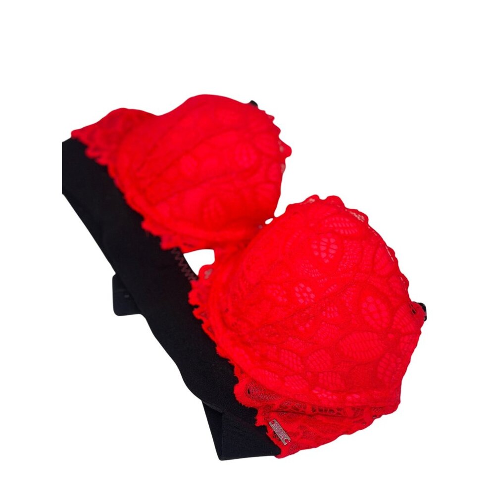 Victoria’s Secret PINK Push-Up Bra – Black with Neon Red Lace Overlay, 32C‎